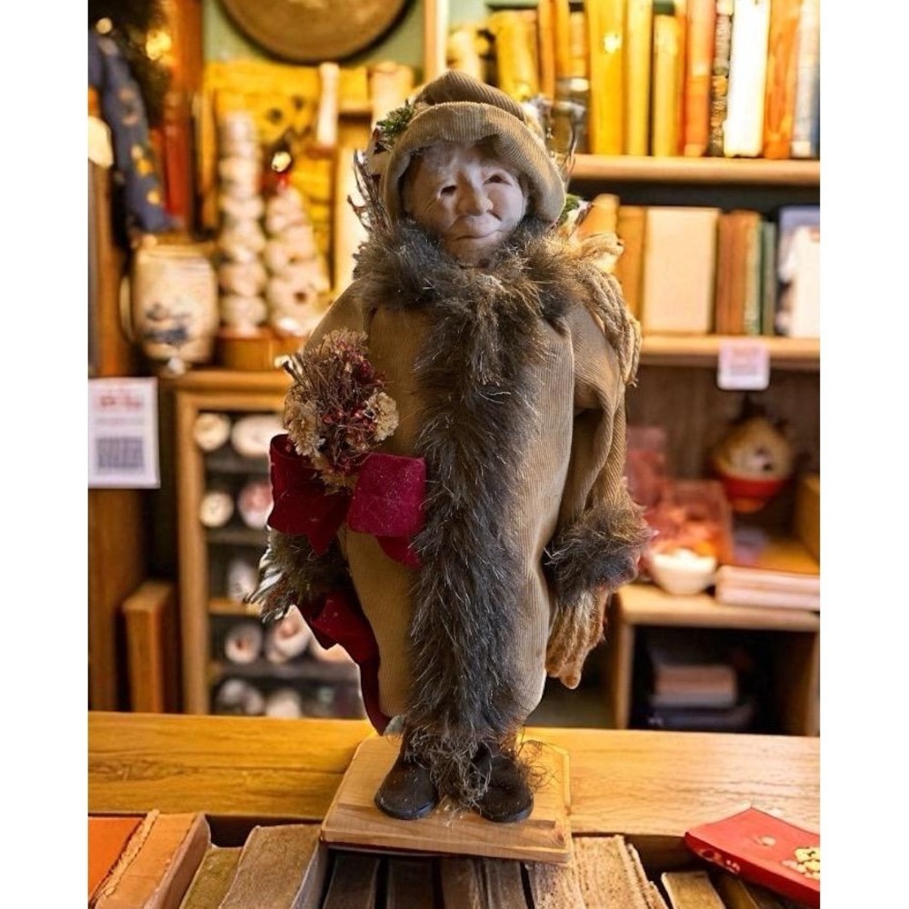 Vintage Handcrafted Folk Art Doll Primitive Woman woodland Faux Fur 15in